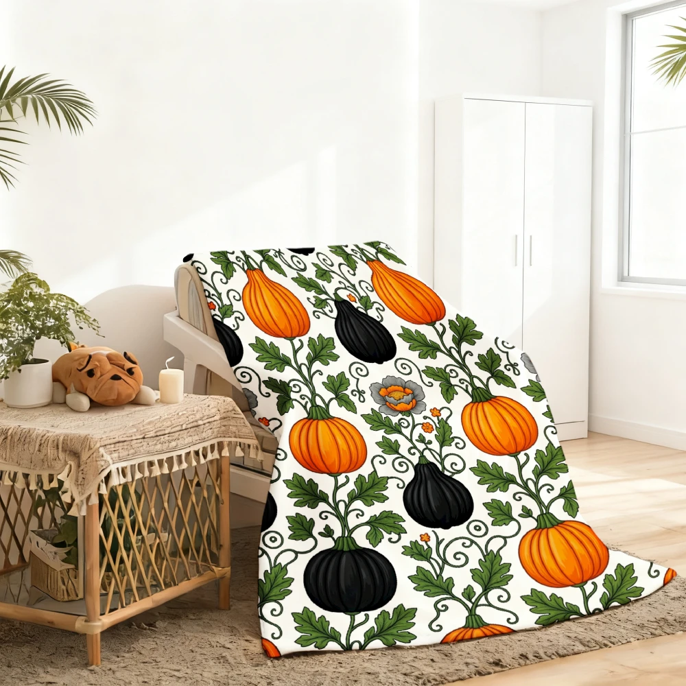1pc Pumpkin And Black Gourd Floral Vine Print Flannel Blanket Soft Comfortable Warm Bed Cover Autumn Winter Season Home Bedroom Sofa Decor Halloween Thanksgiving Christmas Festival Gift