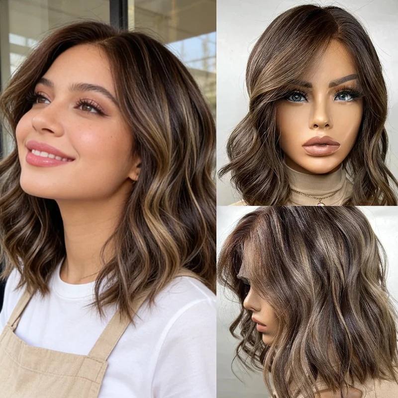 

Темно-коричневый парик с блондинистыми прядями, синтетический, с кружевной передней частью, короткий боб, модный волнистый, без клея, Futura, для повседневной носки, свободная линия роста волос