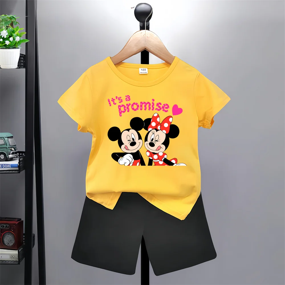 New Disney Mickey Mouse Short Sleeve Shorts Set Boys Girls Kids Sweatshirt cartoon top casual promotional clothing 100-160