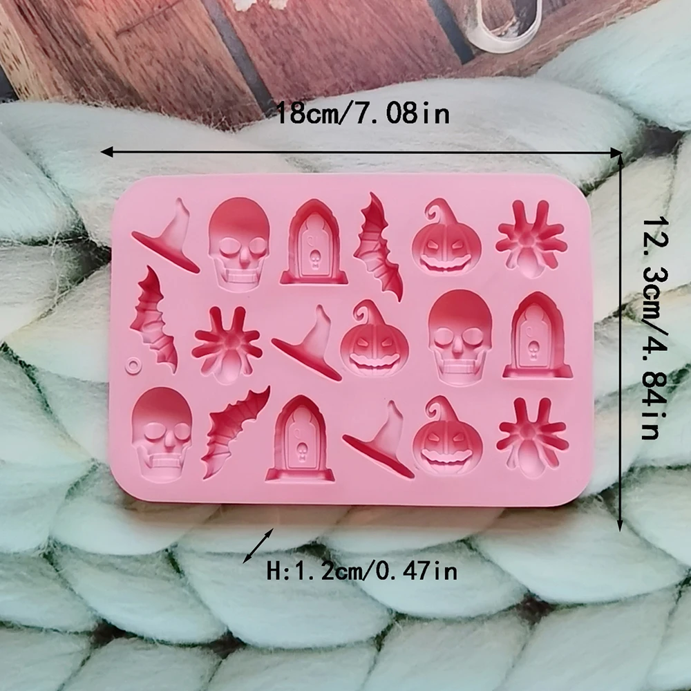 18 Cavities Halloween Silicone Molds Ghost Pumpkin Bat Skull Witch Hat For DIY Halloween Chocolate Candy Baking Mold