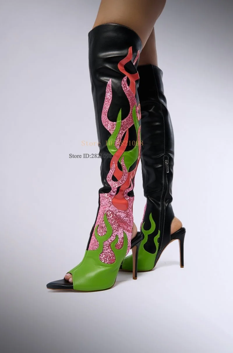 Firess Multi Flame Open Toe Western Sandal Boot Slim Stiletto Thin High Heel Fit Heeled Knee Length Women Show Boot