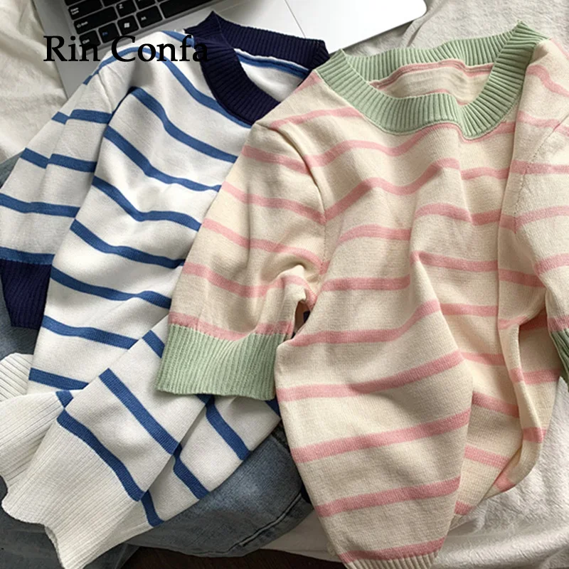 

Rin Confa Summer Pink Striped Contrast Color T-Shirt Women Sense Of Design Loose All-Match Tops Chic Knitting Ins Top Women's