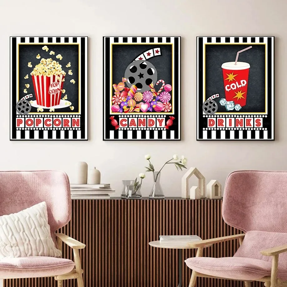 Cotton Movie Night Party Logo Poster Popcorn Candy Cold Drinks Film Sign Canvas Painting Decorative Pictures for Cinema Theater