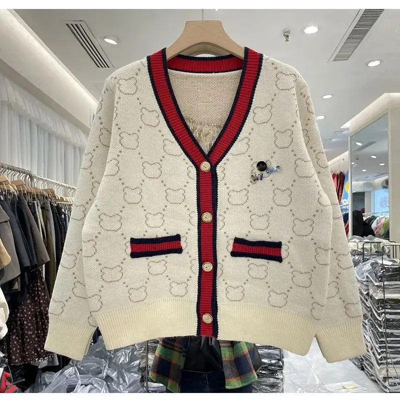 V-neck Embroidered Knitting Cardigan Coat Women Autumn Winter Fashion Loose Long Sleeve Sweater All-match Trend Knitwear Tops