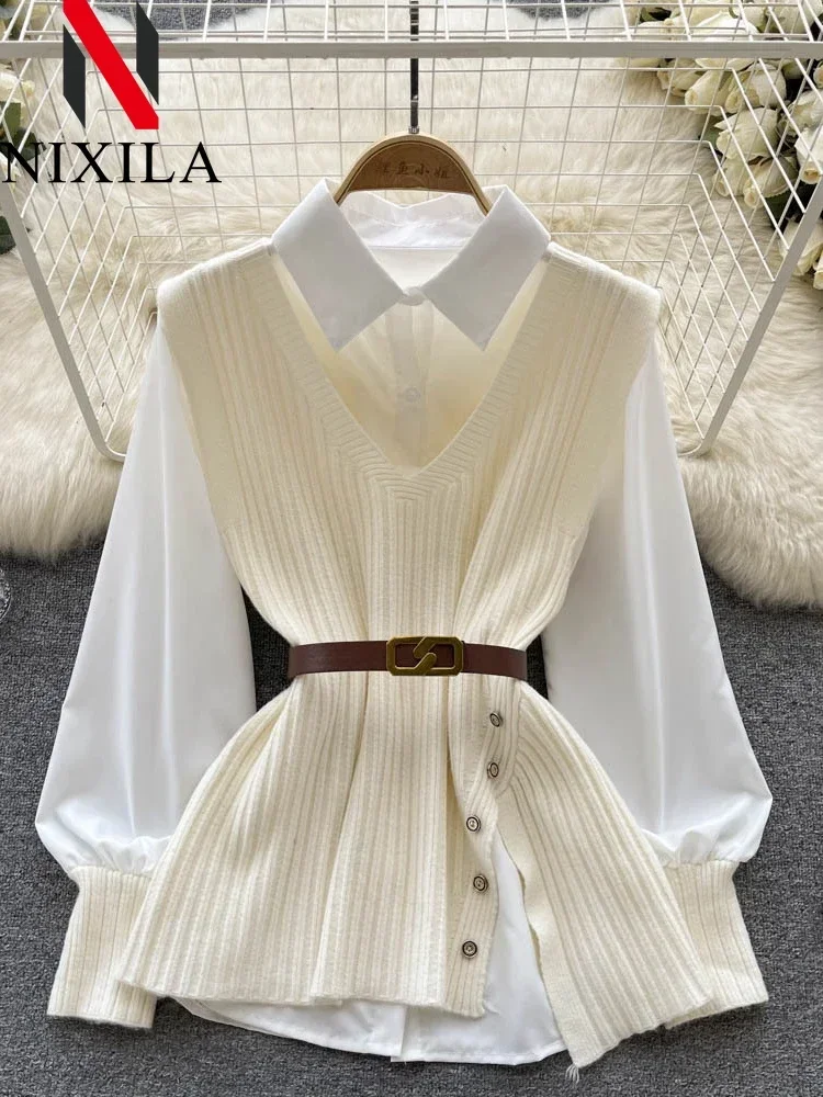 

Spring Autumn knitted Loose Shirt Long Sleeve Tops Women's Belt Slit Vest Korean Fashion Sweater Two Piece Set for Women Blouse