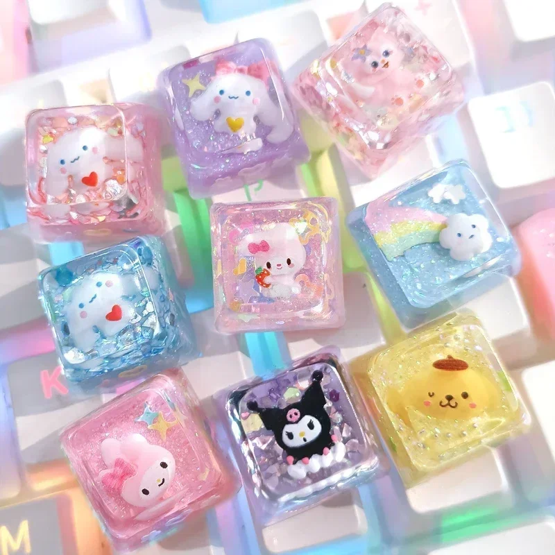 

Kawaii Sanrios cinnamoroll Melody kuromi Cartoon Keycaps R4 Keys Resin Drip Translucent MX Switch Mechanical Gaming Keycaps Gift