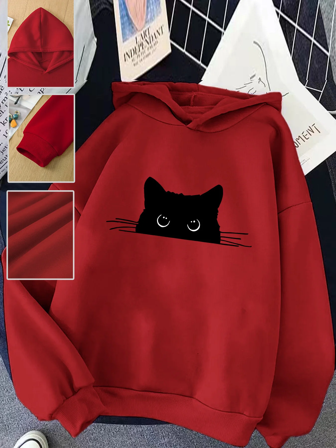 Lässiger Damen-Hoodie mit einem süßen Katzenmuster, Rundhalsausschnitt, langen Ärmeln, ideal für Herbst und Winter, um die Körpertemperatur zu regulieren, normaler Schnitt. – Detail 24