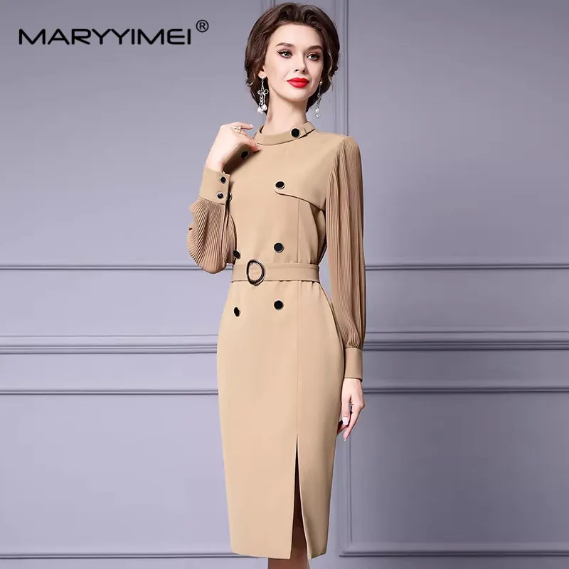 MARYYIMEI Elegant Commuter Solid Color Women\'s Dress Autumn Winter Stand Collar Lantern Sleeved Button Lace-UP Straight Dresses