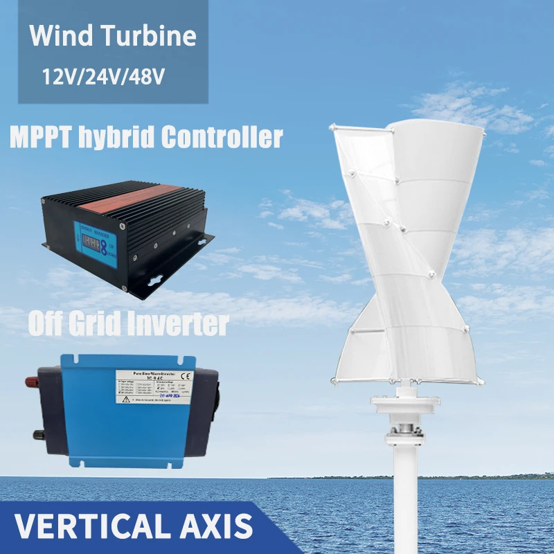 Big Vertical Axis Spiral Wind Turbine High Efficiency Windmill Hybrid Solar System and Off Grid Inverter For Home Use