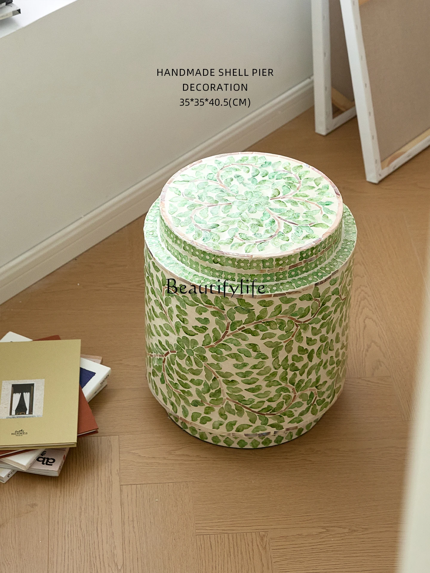 Inlaid edge drum stool Nanyang wind spring green indigo blue and white multi-purpose shoe changing stool