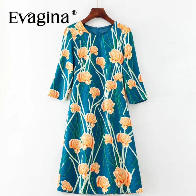 

Evagina Summer Women's Dress Jacquard Three Quarter Sleeve Flower Printed Fashion Pencil Short Dresses