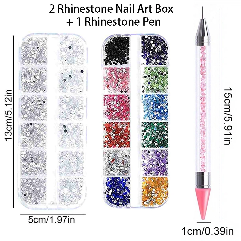 Kit 3 Rhinestone Nail Art Box Colorful Silver Stones + Rhinestone Pen