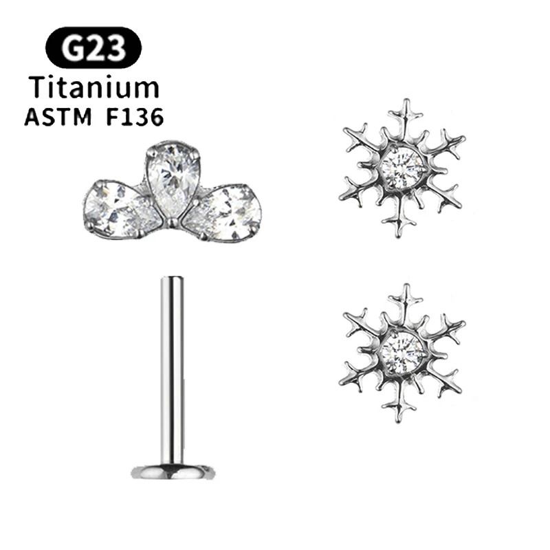 Titânio Snowflake Forma Piercing Jóias, G23 Titânio, CZ Top, cartilagem, Tragus, orelha, lábio, hélice, língua, prego