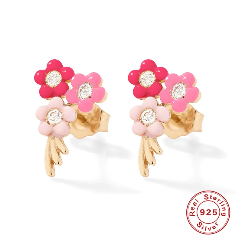 Cute Candy Color Enamel Flowers Earring 925 Sterling Silver Dripping Oil Stud Earring For Girls Summer Jewelry Party Gift