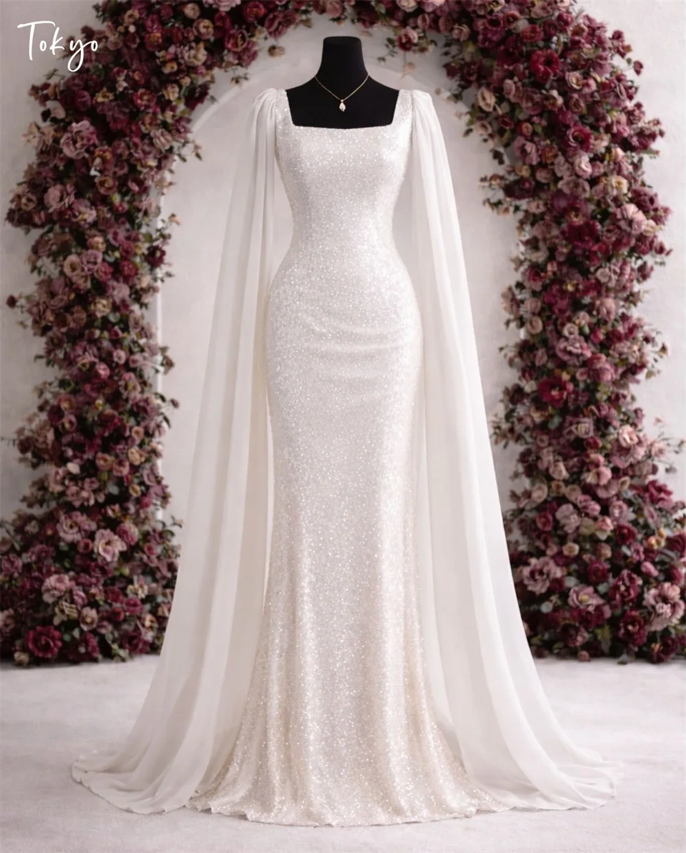 

Свадебное платье «Токио» на заказ, белое, с квадратным вырезом, длинными рукавами, на молнии, со шлейфом, элегантное, фасон «русалка», 2026