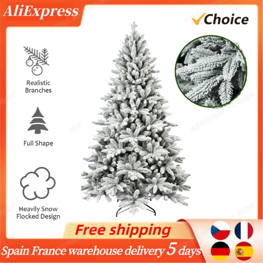 7FT Pre-lit Artificial Christmas Tree 1514 Branch Tips Automatic Open PE/PVC Mixed Flocking Xmas TreeHoliday Xmas Ornaments