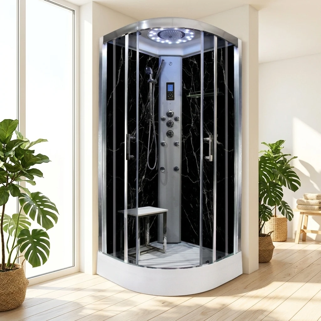 Custom Size Quadrant Shower Cabin With Acrylic Base Black Marble Glass Back Panel Stool Computer Control Massage Jets Corner Spa