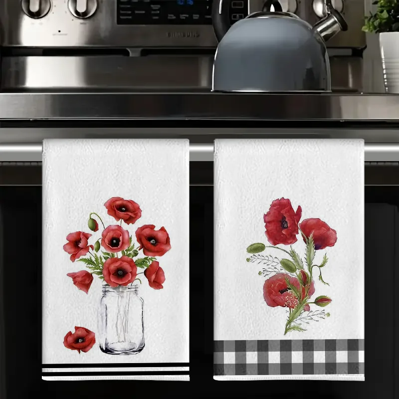 2Pcs, Black and White Checkered Red Poppy Kitchen Towels, 40Cm*60Cm Towel Set, Super Absorbent Soft Cleaning Cloth, Cooking and Baking Tea Towel, Hand Towel, Cleaning Cloth, Dishcloth, Kitchen Decoration, Living Room Decorations, Kitchen Essentials, Home Essentials