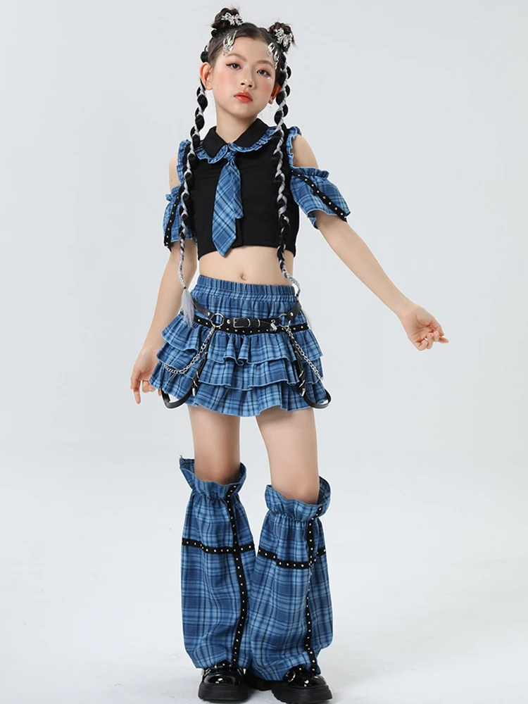 Girls Jazz Dance Costume Sweet Cool Stage Performance Song Wear Blue Red Green Checkered Hip Hop Dance T-stage Walk Outfit XH286