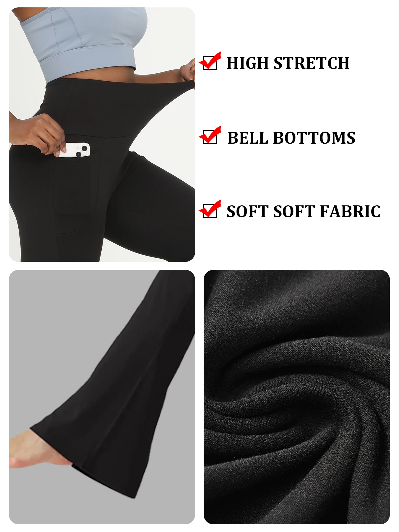 Leggings flare de cintura alta com bolsos – Calças push up femininas super macias com controle de barriga para ioga, academia, fitness, calças de sino