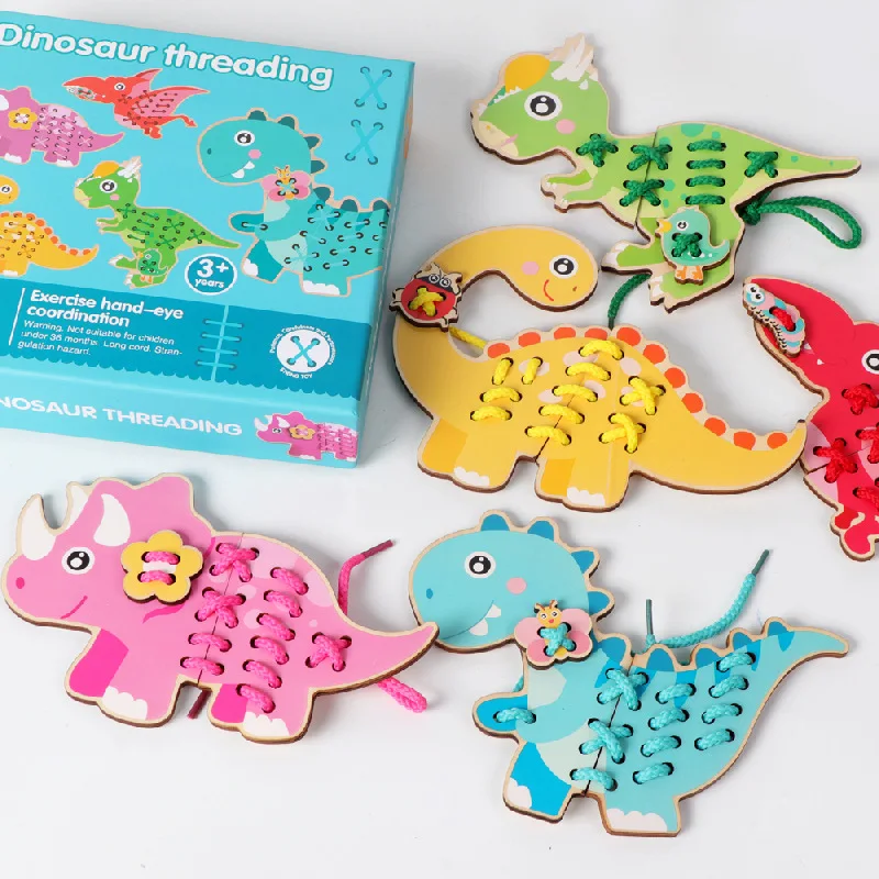 Threading Toy Wooden Puzzle Gift Montessori Handmade Dinosaur Sewing Early Education Sports Finger Life Skills 1-4 Years Childre