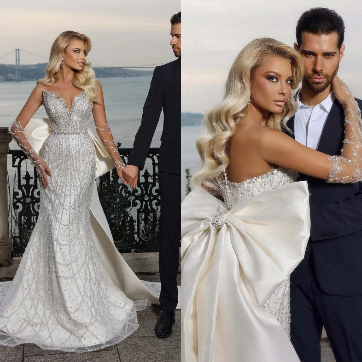 

Custom Luxury Mermaid Wedding Dress 2025 Elegant Beaded Bridal Gown with Oversized Satin Bow Plus Size Vestido De Novia