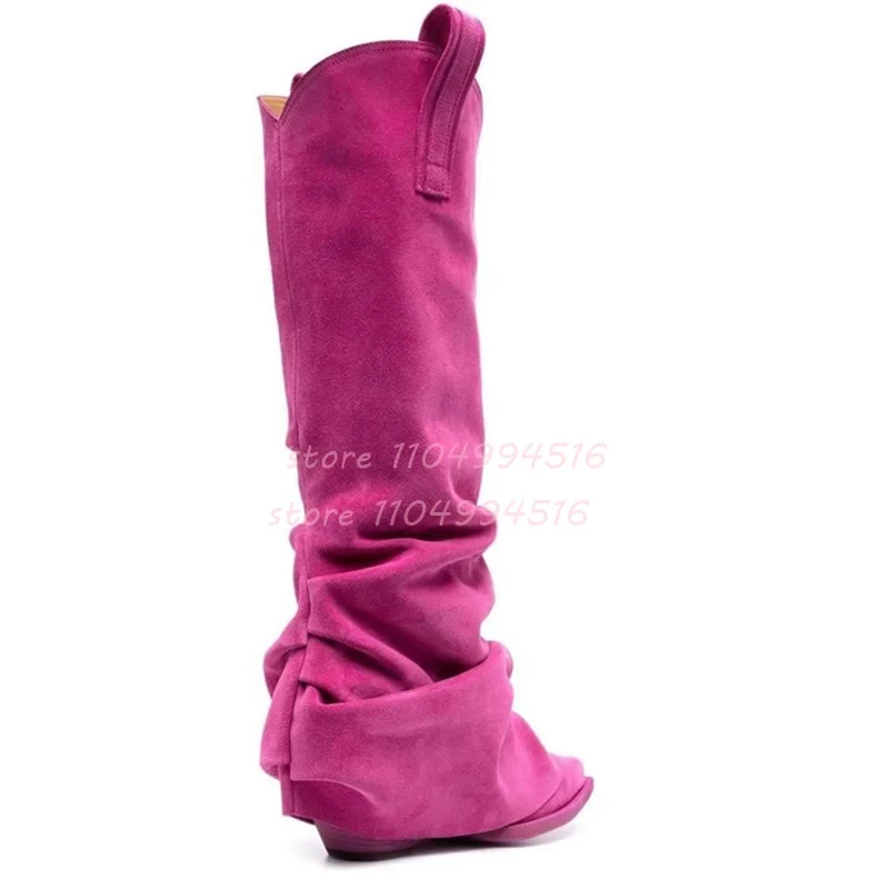 Pink Pointed Toe Suede Knee High Boots Ladies Pleated Wedge Loose High Heels Boots Women Street Style Retro Sexy Heels