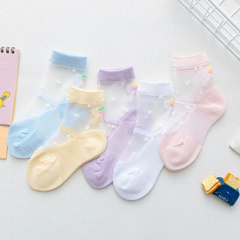 5Pairs Summer Kids Girls Socks Mesh Breathable Baby Girl Socks Children Trendy Elastic Lace Flowers Princess Sock For 1-12Years