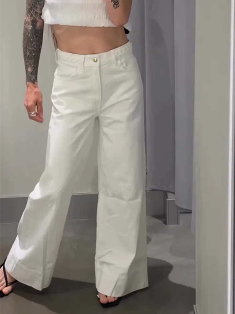 

Waisted Weave Solid Color Straight Jeans Woman High Waist Loose Casual Long Pants Chic Street Women's Versatile Fashion Trousers