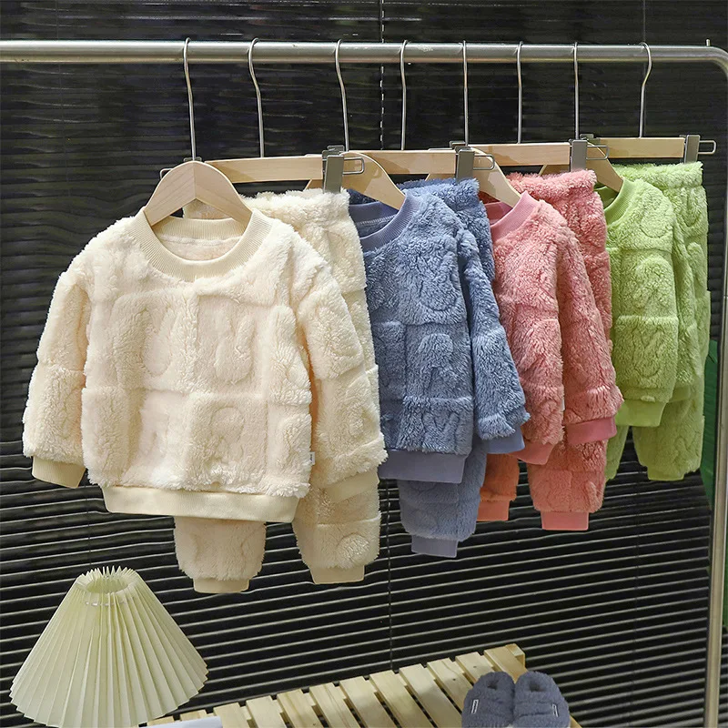 Baby Girls Clothes For Children Clothing Sets Autumn Winter Kids Boys Plus Fleece Warm Sweater Tops Pants 2pcs Outfits Suit