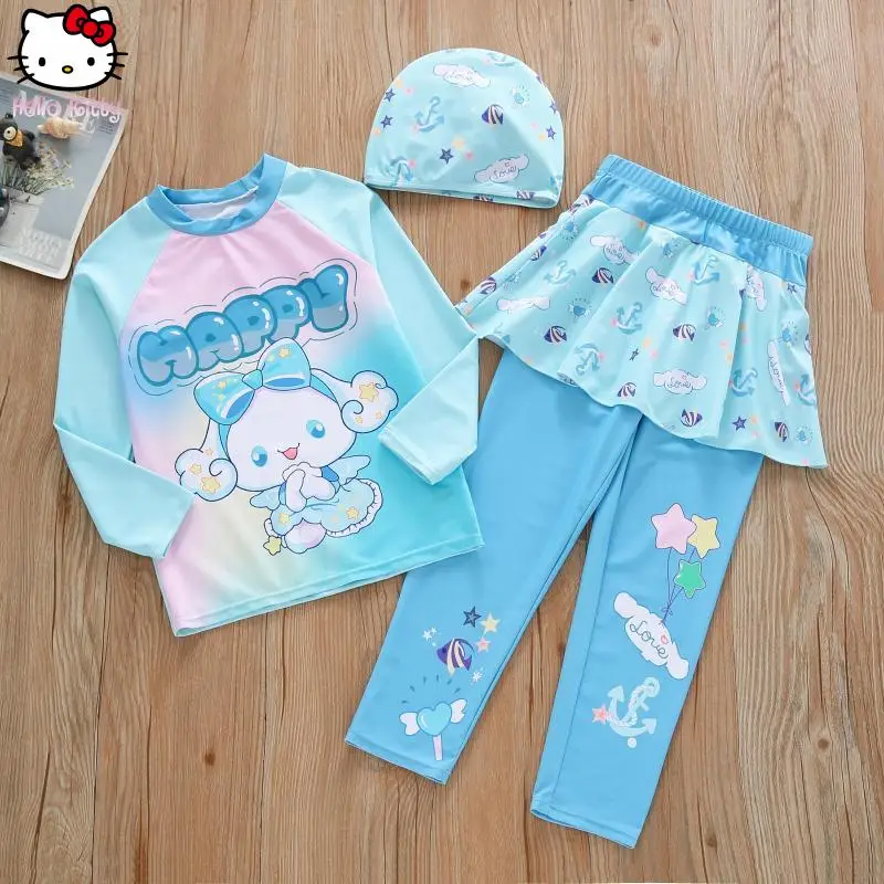 

3pcs Cinnamoroll girls cartoon animal swimsuit Sanrio Kuromi new Kawaii long sleeved beach sun protection quick dry swimwear set