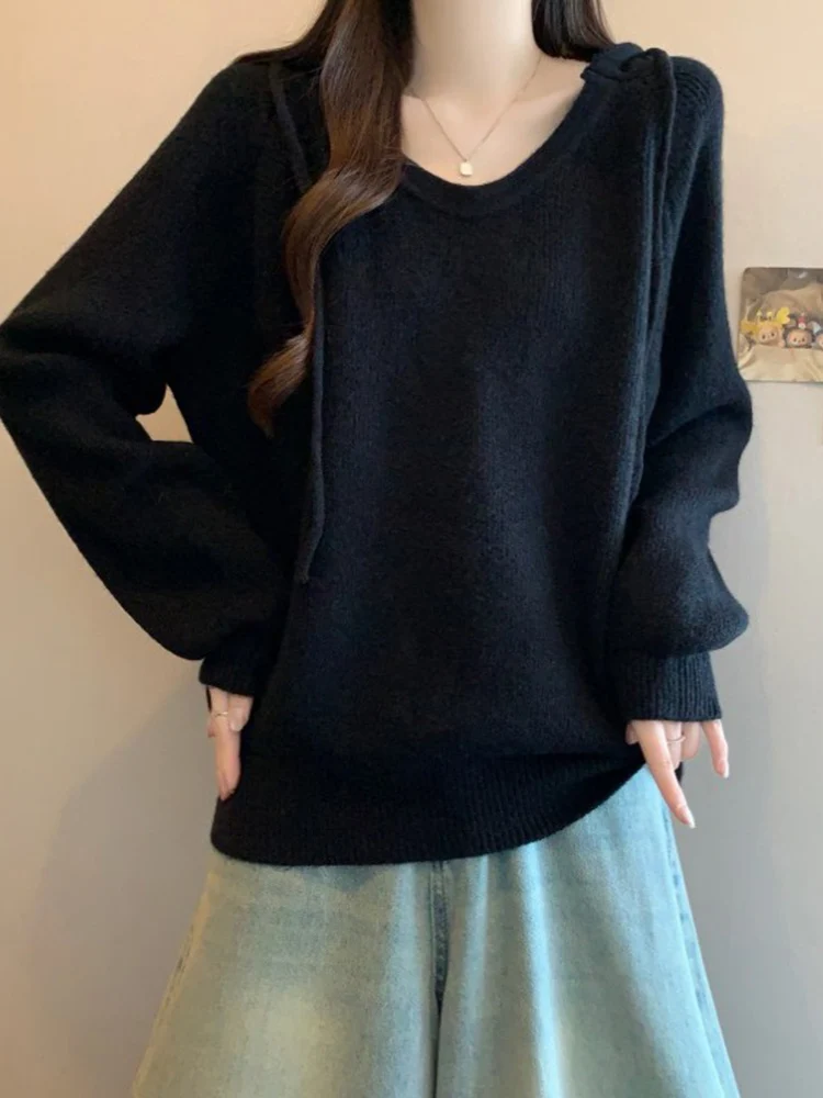 

Свободный свитер с V-образным вырезом для женщин больших размеров, повседневный вязаный топ для зимы, модный, для школы, путешествий, на каждый день