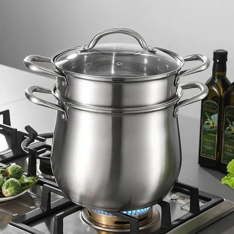 Thickened 304 Stainless Steel Large Stock Pot with Steamer Grid and Glass Lid Stockpot Cooking Steel Soup Pot with Steamer tools