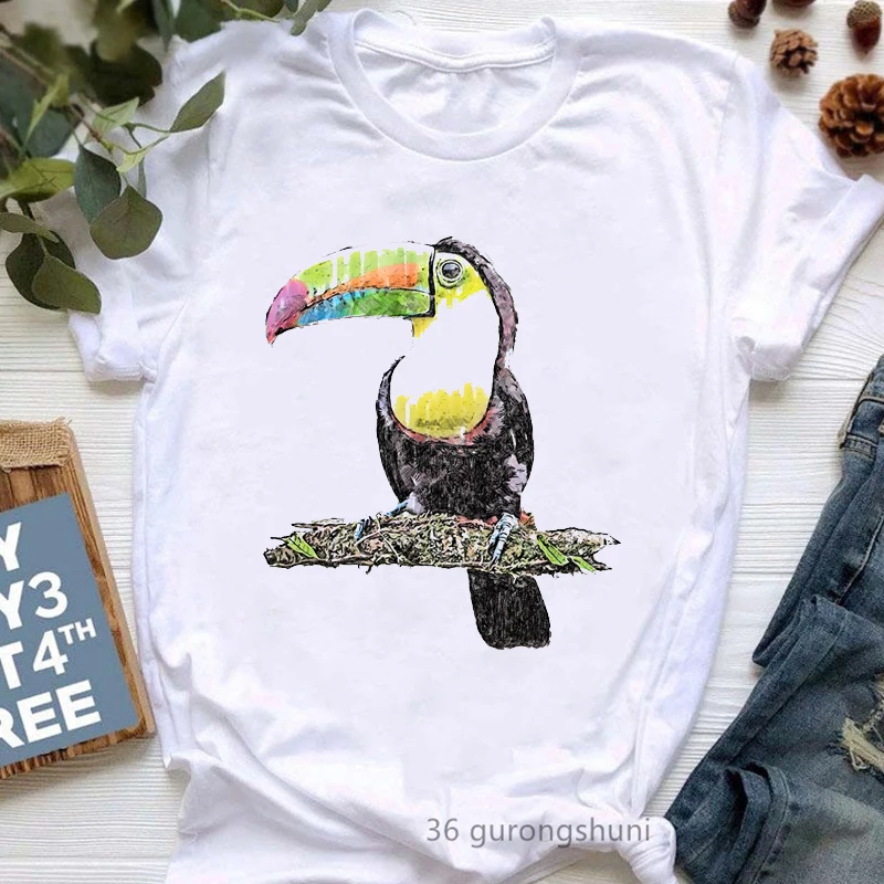 

Watercolor Toucan Portrait Print Tshirt Girls Harajuku Kawaii Clothes Funny White T Shirt Femme Summer Fashion Female T-Shirt