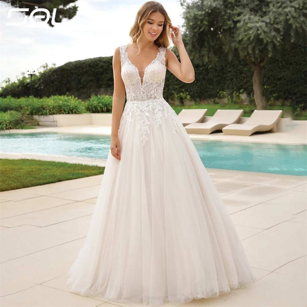 SOL-Robes de mariée en tulle avec appliques en dentelle, col en V simple, bretelles spaghetti, élégantes, dos nu, A-ligne, patients, quoi que ce soit, éducatif