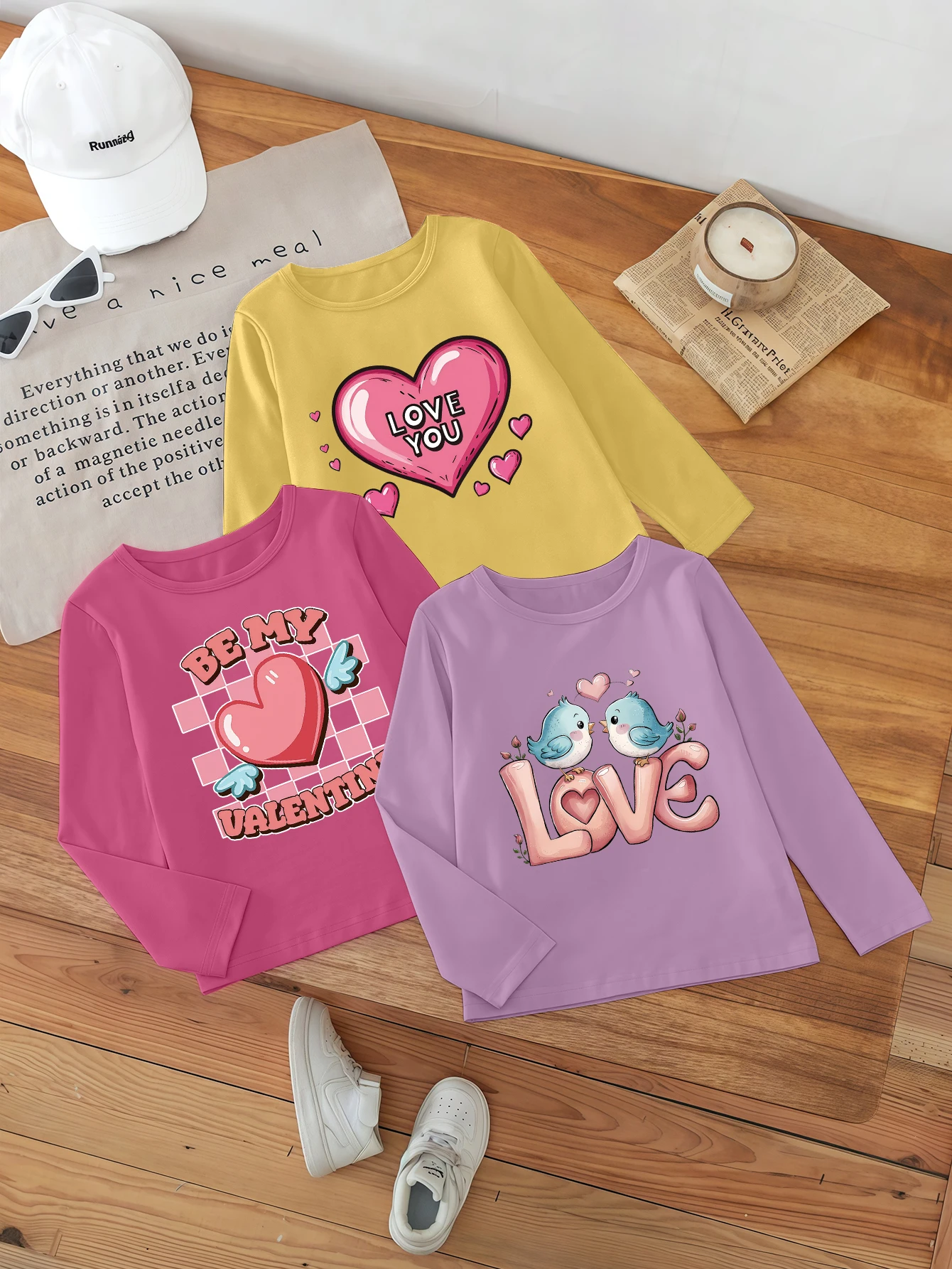 

3-х предметные, мультяшные сердечки, принт с птичьим узором, милые повседневные базовые рубашки для девочек