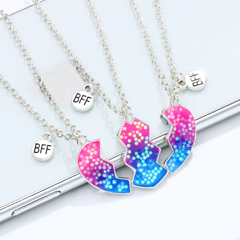 3PCS Magnetic Heart BFF Necklace for 3 Girls, Cute Matching Pendant Necklace Sisters Friendship Jewelry Gifts for Best Friends