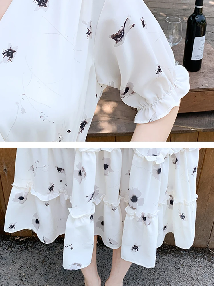 2025 White Chiffon Foral Chic Ruffled Casual Long Dress Summer Boho Elegant Holiday Dress Women Korean Bodycocn One Piece Dress