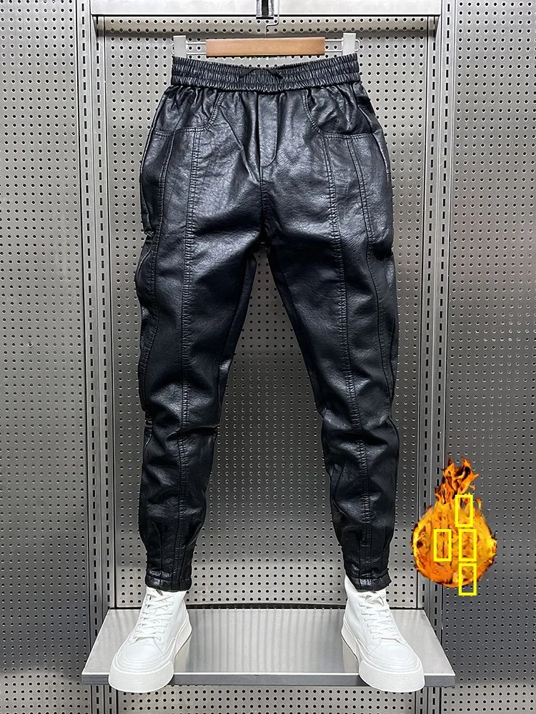 

Thickened Fleece Windproof Motorbike Pants Men's Pure Black Slim Fit Casual Long Trousers for Delivery Riding in Autumn Winter