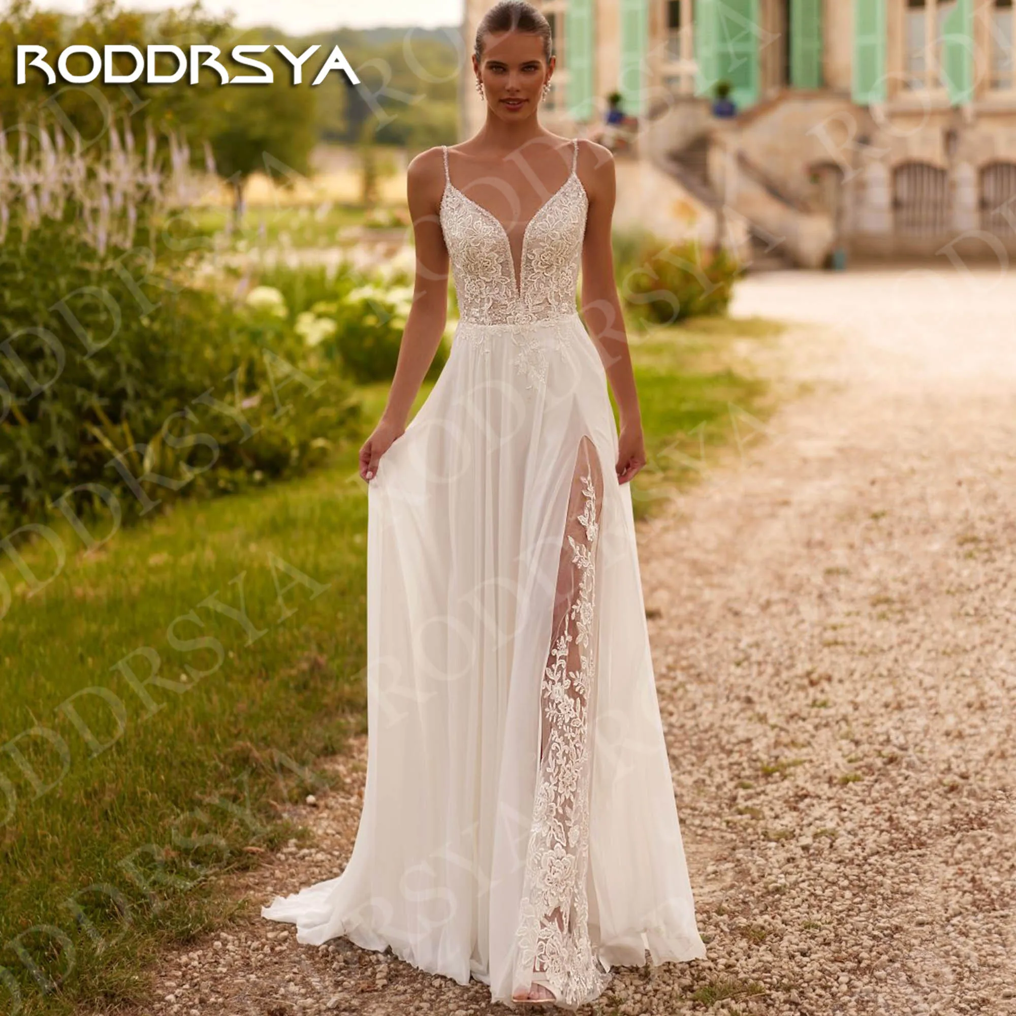 

RODDRSYA Boho V Neck Wedding Dresses Spaghetti Straps Appliques Lace High Slit A Line Bridal Dress Customized vestido novia 2026