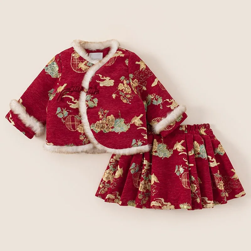 

Комплект из 2 предметов: зимний роскошный комплект для девочек в китайском стиле с вышивкой цветов, флисовый теплый толстый топ + юбка, детская бутик-одежда B366