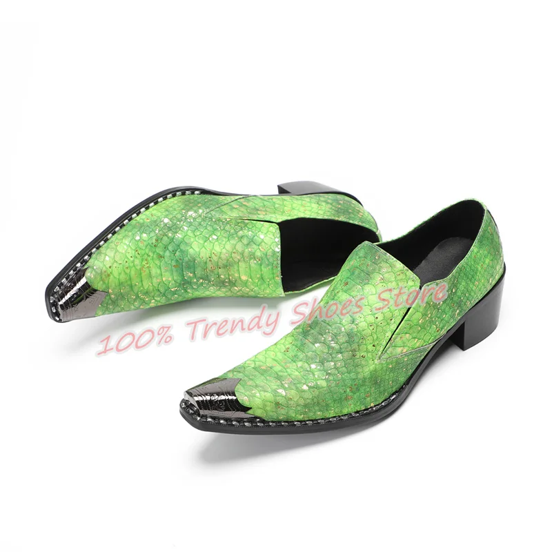 

Luxury Snakeskin Pattern Embossing Genuine Leather Loafers Male Wedding Party Dress Shoes Metal Square Toe Chunky Heel Oxfords