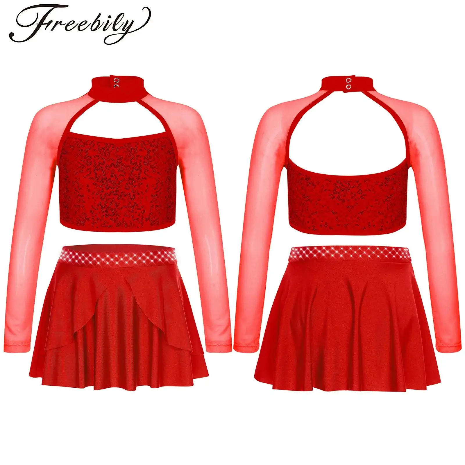 

Girls Sequins Cheerleading Dance Costume Set Long Sleeve Crop Top Rhinestones Skirt Ideal for Italian Jazz Festival Performances