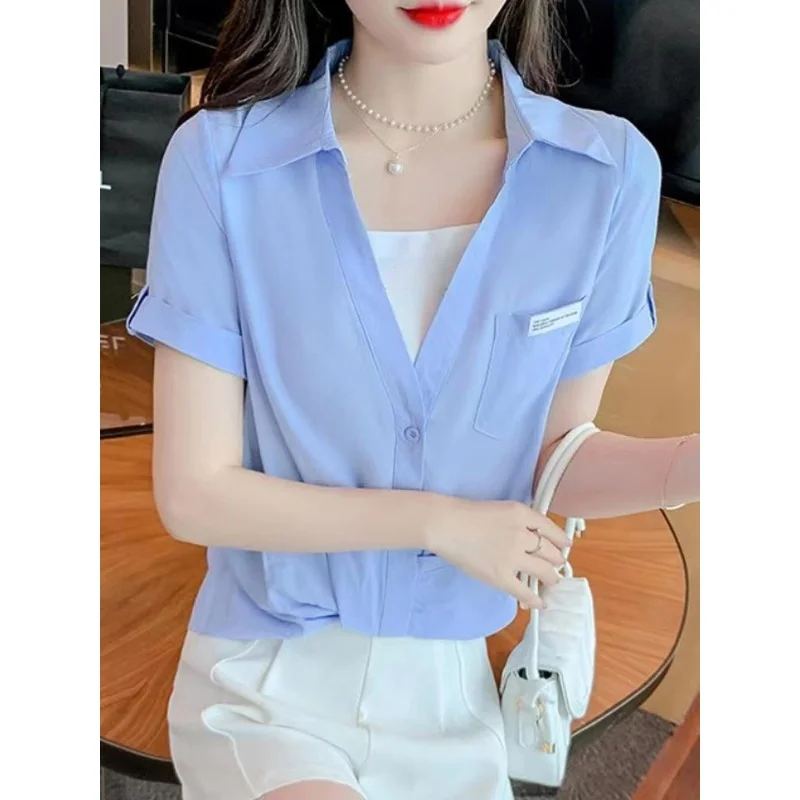 Polo Shirts for Women 2024 Fashionable French V-neck Fake Two White Shirts Summer Design Korean Loose Short Sleeved Shirt Top