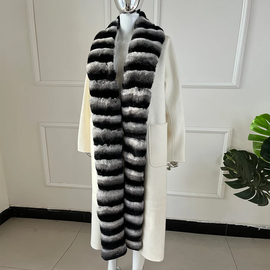 Real Fur Coat Wool Coat Women Luxury High Quality Long White Cashmere Jacket Natural Chinchilla Rex Rabbit Fur Collar