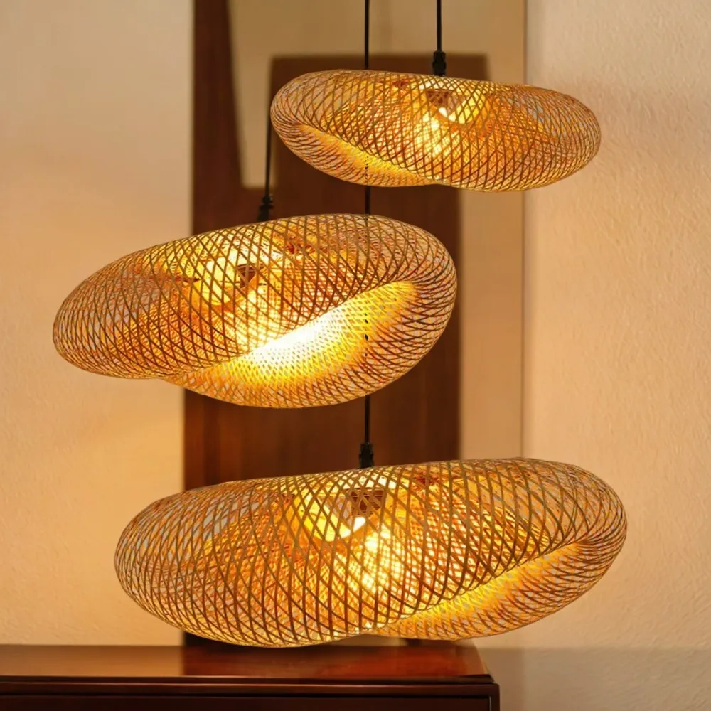 Bamboo Hand Weaving Pendant Light 40cm Hanging  Ceiling Lamp Chandelier Fixture Rattan Hand Craft Woven  Bedroom Decor Gold Led