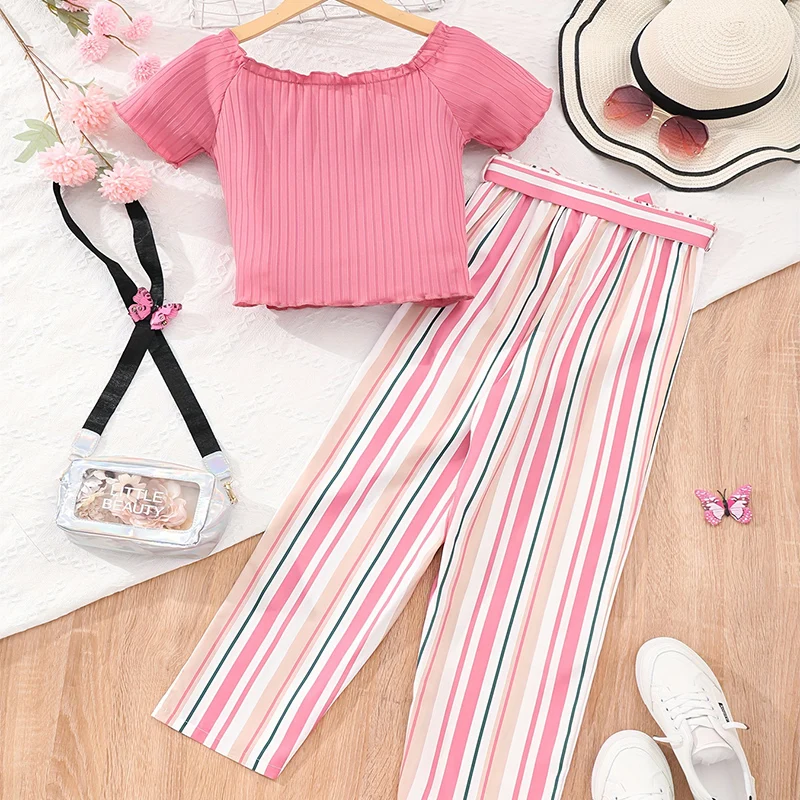 Two Piece Summer Girl Cute And Fashionable Button Up Cardigan Short Sleeved Striped Pants Daily Casual Birthday Party Set