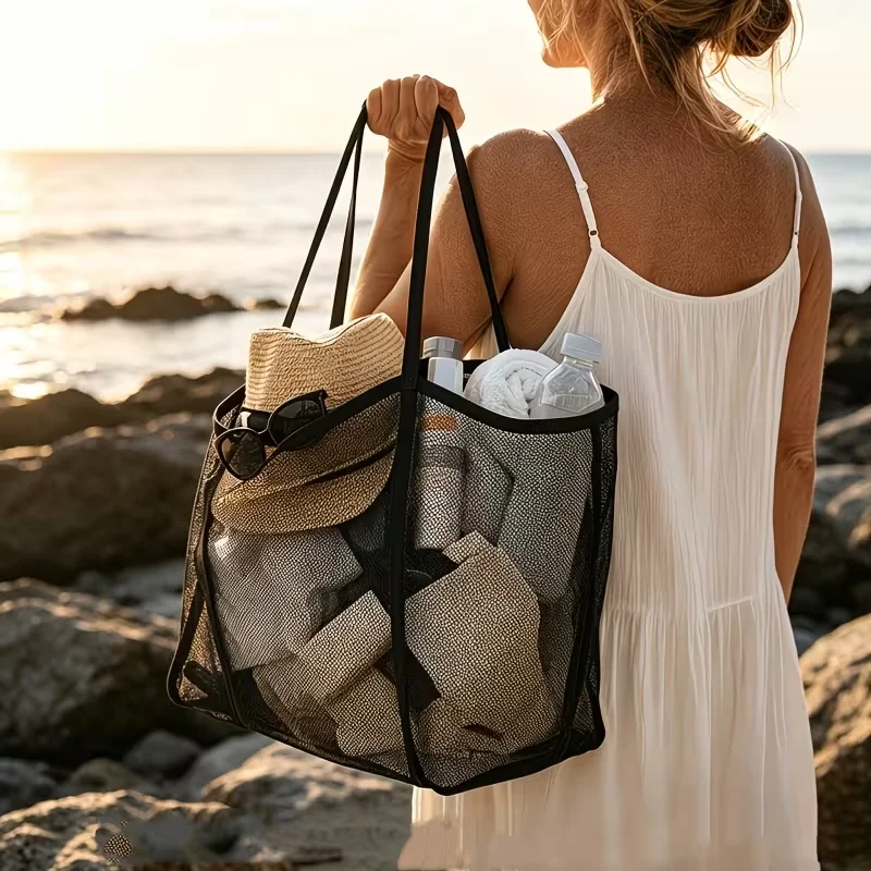 Large-capacity mesh beach quick-drying sand-proof multi-functional bag with reinforced handle.