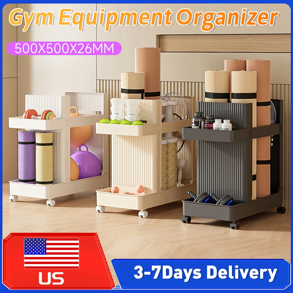 

Gym Equipment Holder with Wheels Yoga Mats Storage Baskets Fitness Equipment Storage Racks Sports Tools Organizer for Home Gym