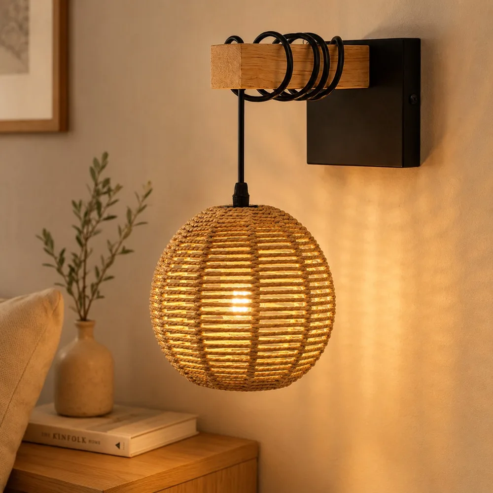 JOYINLED Vintage Rattan Wall Sconce Light Fixture, Rustic Farmhouse Wall Lamp Industrial Sconces for Bedroom Bedside Living Room
